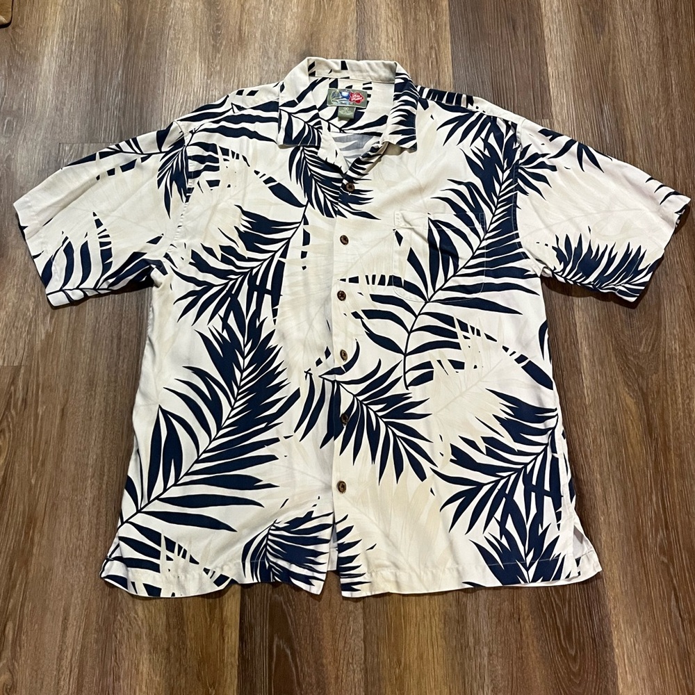 Hilo Hattie Silk Hawaiian Shirt Blue Palm Leaf Aloha Camp Collar Medium